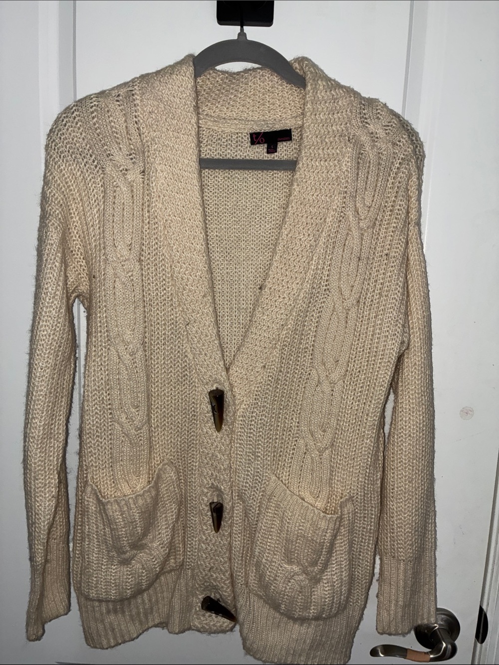t/o Cream Cable Knit Shawl Collar Cardigan